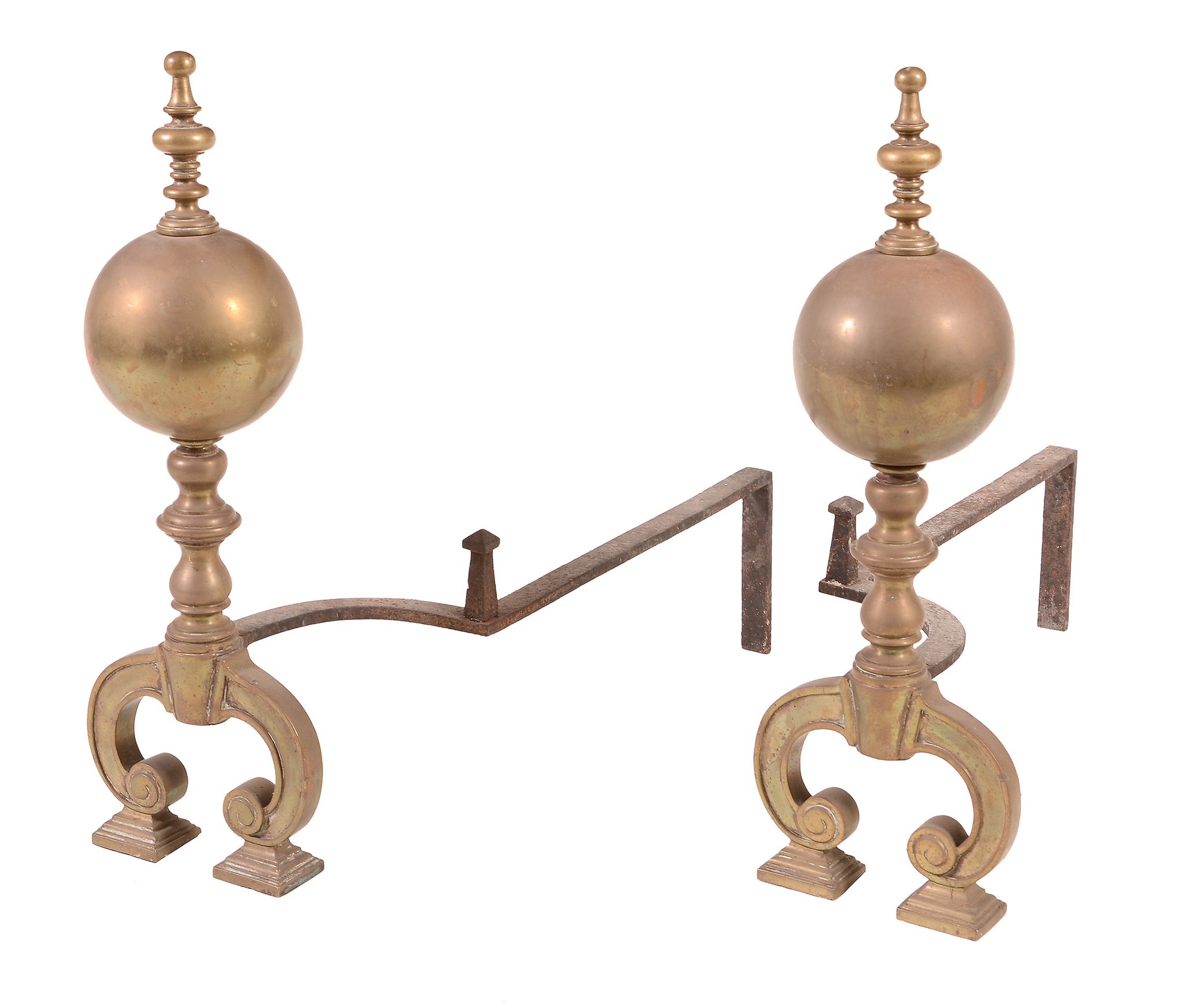A pair of brass and wrought iron mounted andirons, early 18th century  A pair of brass and wrought