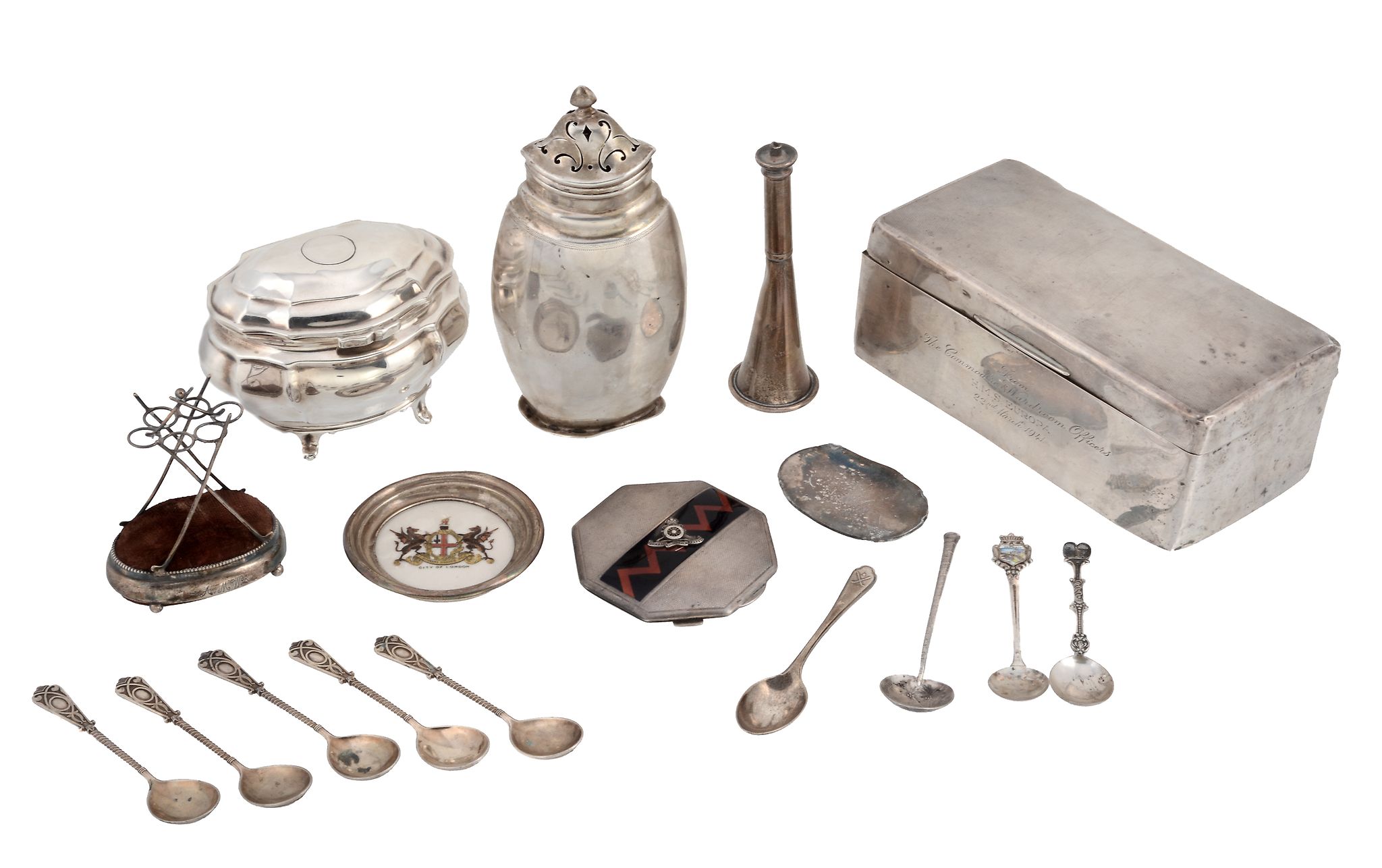 A small quantity of silver, including: an Edwardian bombe tea caddy by Charles Stuart Harris,