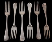 Fifteen George III silver old English pattern table forks, various makers, London 1794-1813,