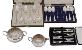 A collection of silver flatware and other items, comprising: a cased set of six rat-tail pattern