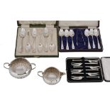 A collection of silver flatware and other items, comprising: a cased set of six rat-tail pattern