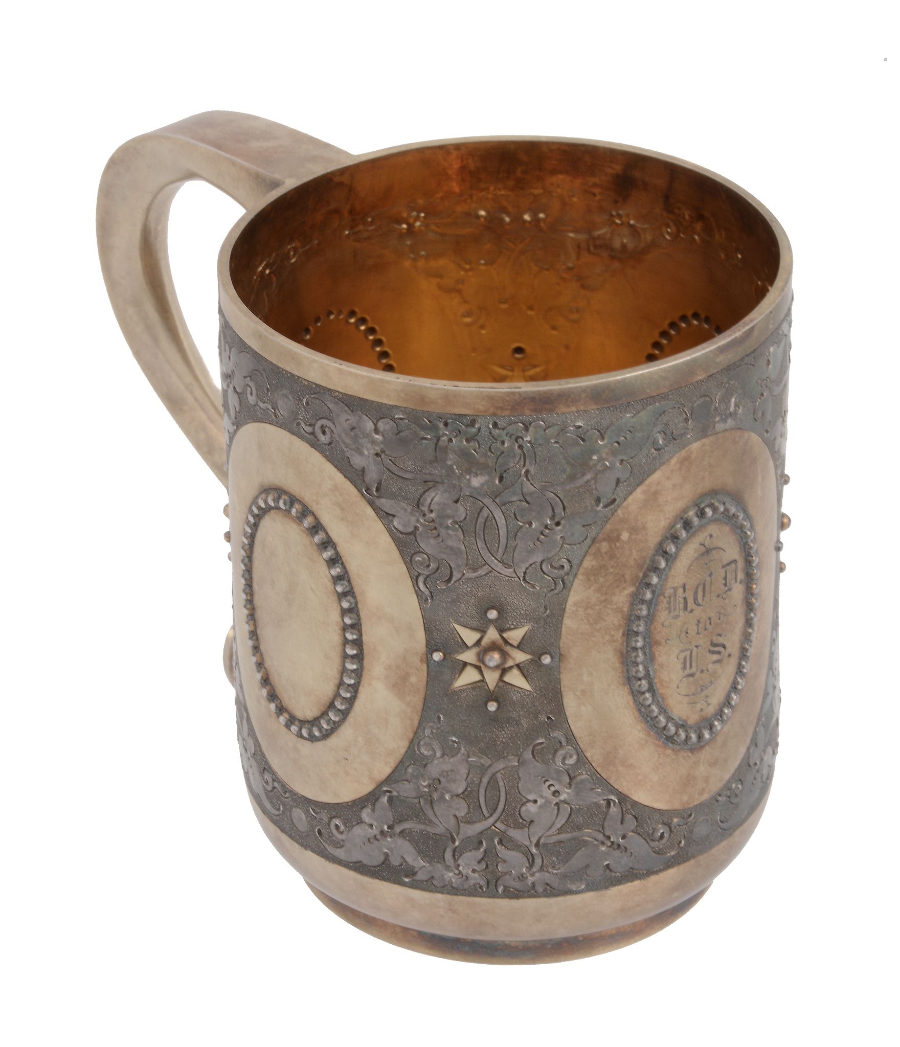 A Victorian silver parcel gilt straight-sided christening mug by George Fox, London 1874, with an