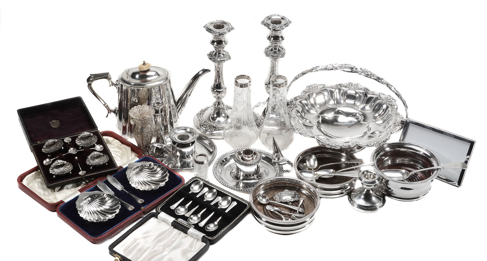 A collection of silver and plated items, including: a pair late Victorian of butter shells and
