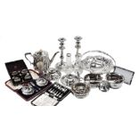 A collection of silver and plated items, including: a pair late Victorian of butter shells and