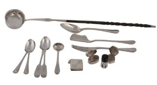 A collection of loose silver flatware, including: a late Georgian punch ladle, unmarked, with a