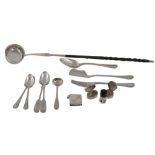 A collection of loose silver flatware, including: a late Georgian punch ladle, unmarked, with a