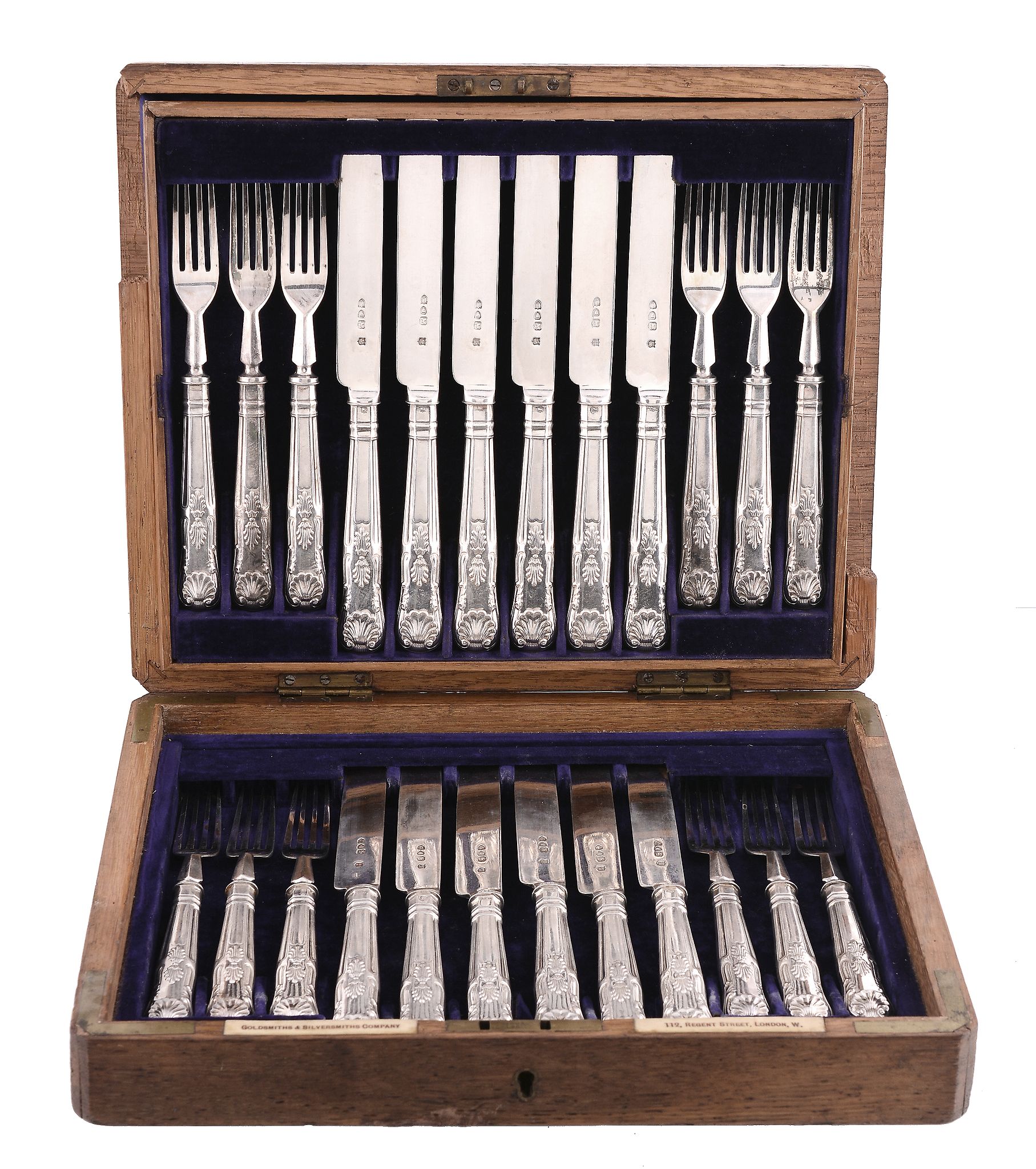 A set of twelve late Victorian silver dessert knives and forks by The Goldsmiths & Silversmiths Co.