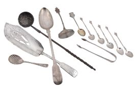 A collection of silver flatware, comprising: a George III fiddle pattern fish slice by William &