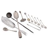 A collection of silver flatware, comprising: a George III fiddle pattern fish slice by William &