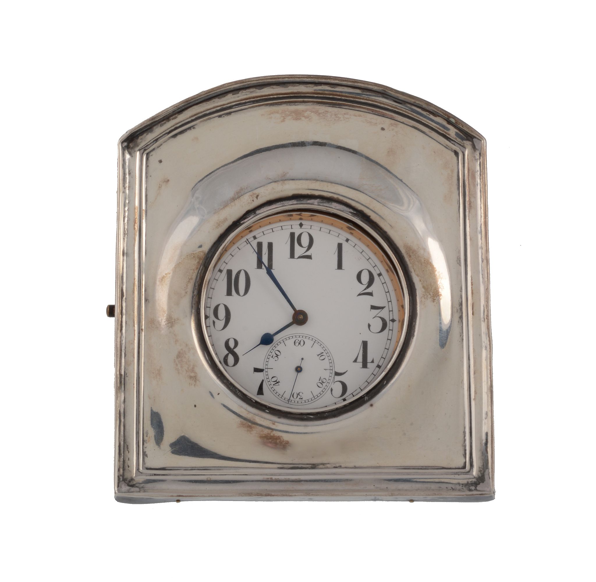 An Edwardian silver mounted easel travelling clock, Birmingham 1904, plain arch top rectangular