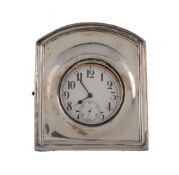 An Edwardian silver mounted easel travelling clock, Birmingham 1904, plain arch top rectangular