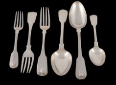 A matched 19th century silver fiddle and shell pattern table service, comprising: Six table forks,