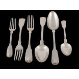 A matched 19th century silver fiddle and shell pattern table service, comprising: Six table forks,