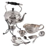 A collection of silver, including: a hammered shaped oval sauce boat, maker's mark AP RS, Sheffield
