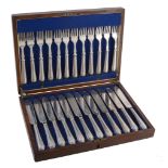 A cased set of twelve Victorian silver beaded fish knives and forks, Sheffield 1880, engraved D,