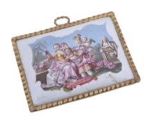 A Birmingham enamel rectangular plaque, circa 1760-65, painted with a lover and his lady tying up