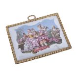 A Birmingham enamel rectangular plaque, circa 1760-65, painted with a lover and his lady tying up