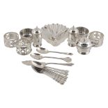 A silver five piece faceted circular condiment set by Adie Brother's Ltd., Birmingham 1924, the