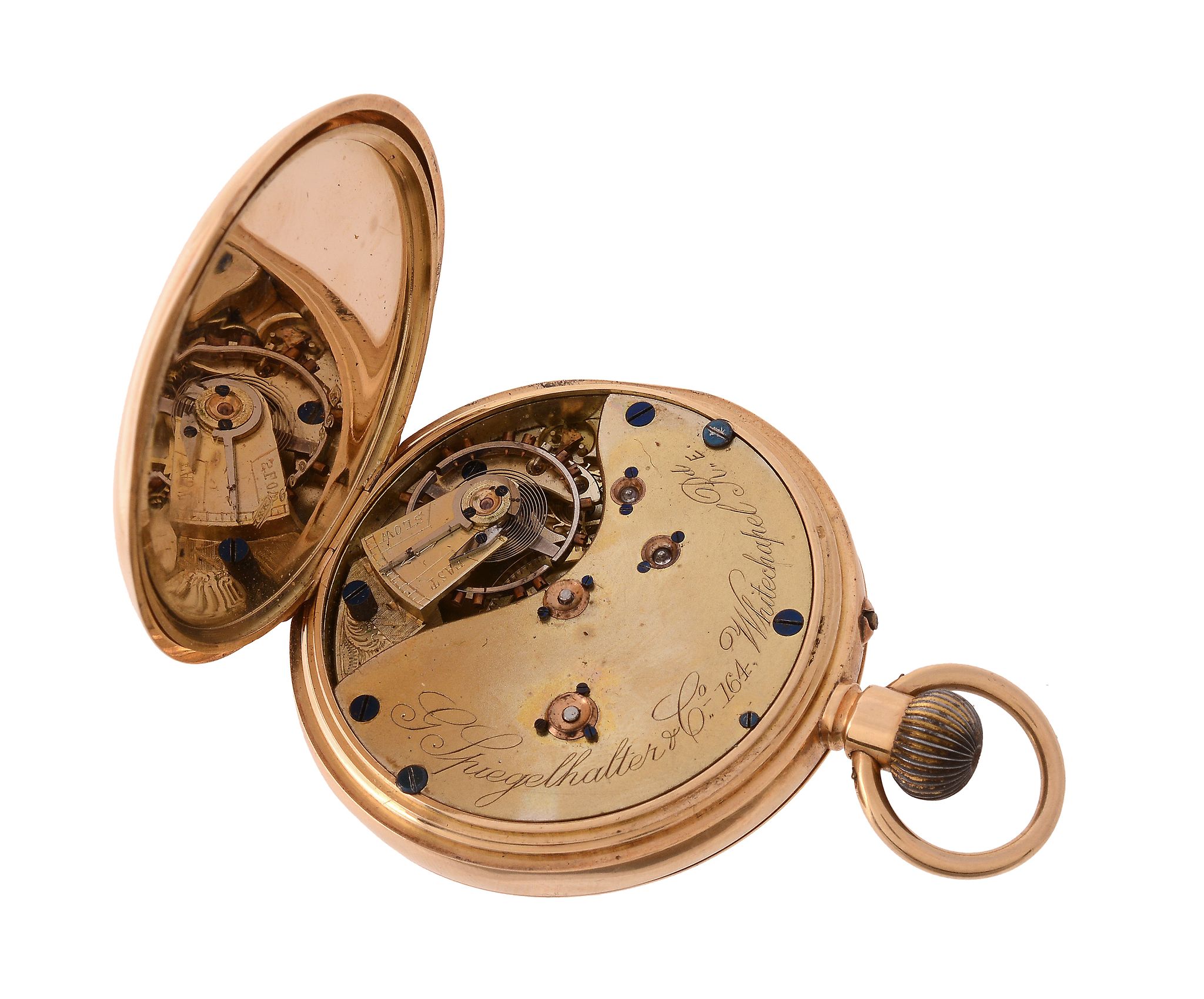G. Spiegelhlter Co., an 18 carat gold keyless wind half hunter pocket watch, no.600489, three - Image 3 of 3