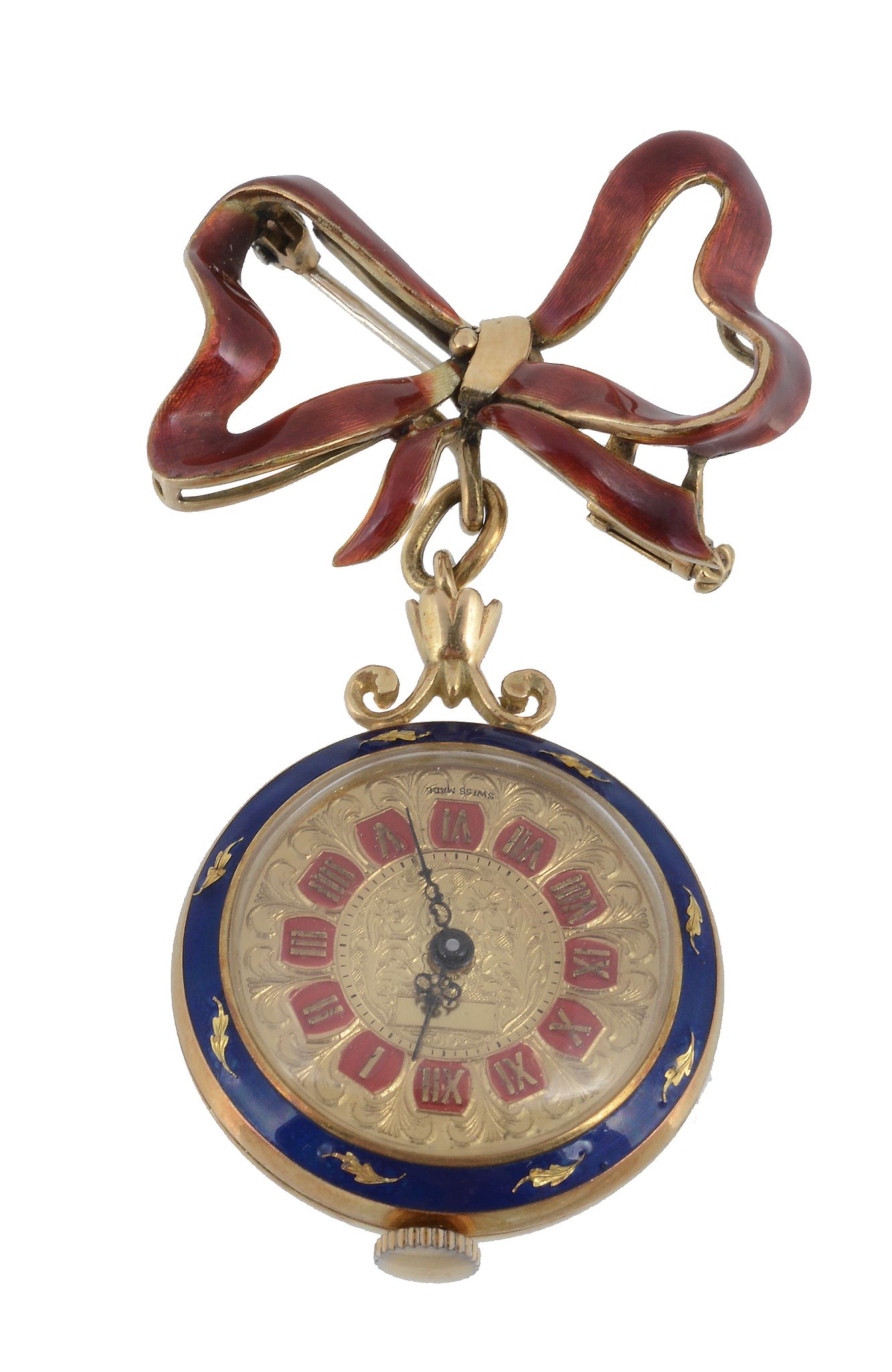 An 18 carat gold, diamond and enamel brooch watch, Swiss , circa 1970, pink gilt lever movement, - Image 2 of 2