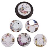 A collection of six Swiss painted enamel dials, to include: one signed Girardier Laine, painted