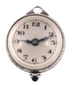 A silver coloured pendant ball watch, .800 standard, manual wind lever movement, 15 jewels,