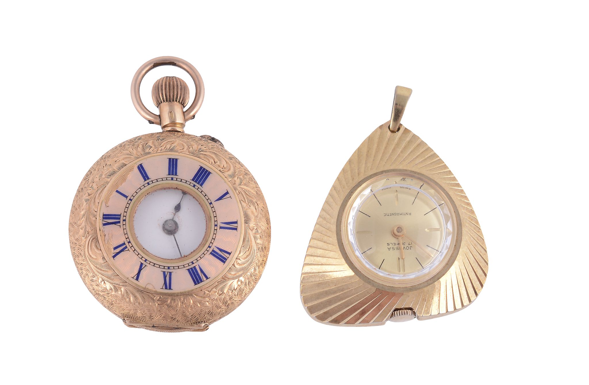 An 18 carat gold half hunter fob watch, no. 247468, cylinder bar movement, white enamel dial, Roman