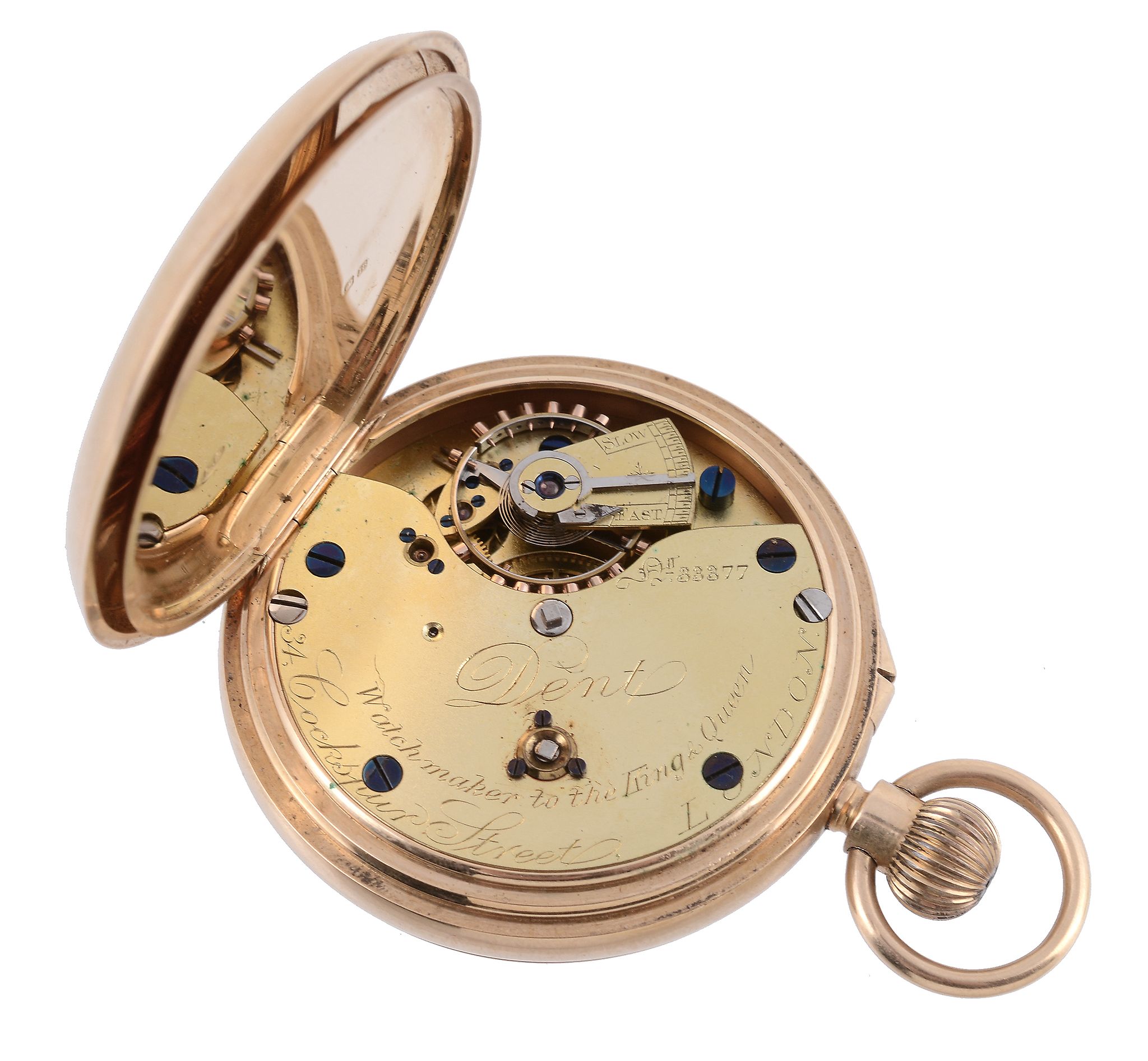 Dent, 34 Cockspur St London, an 18 carat gold keyless wind open face pocket watch, no. 33377, - Image 2 of 3