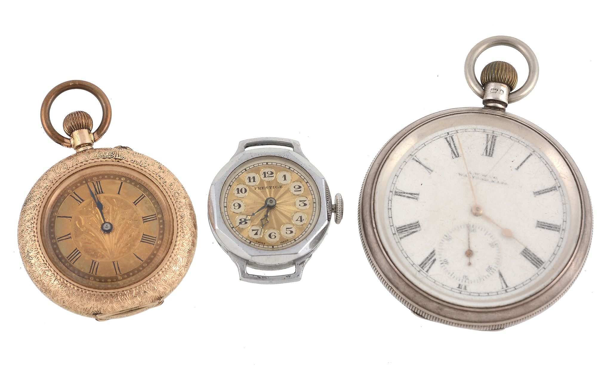 A 14 carat gold keyless wind open face pocket watch, no. 79313, cylinder escapement, gold dial,