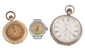 A 14 carat gold keyless wind open face pocket watch, no. 79313, cylinder escapement, gold dial,