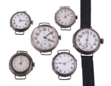 Seven silver wristwatches, to include: a silver watch head, no. 51233, import mark for London 1915,