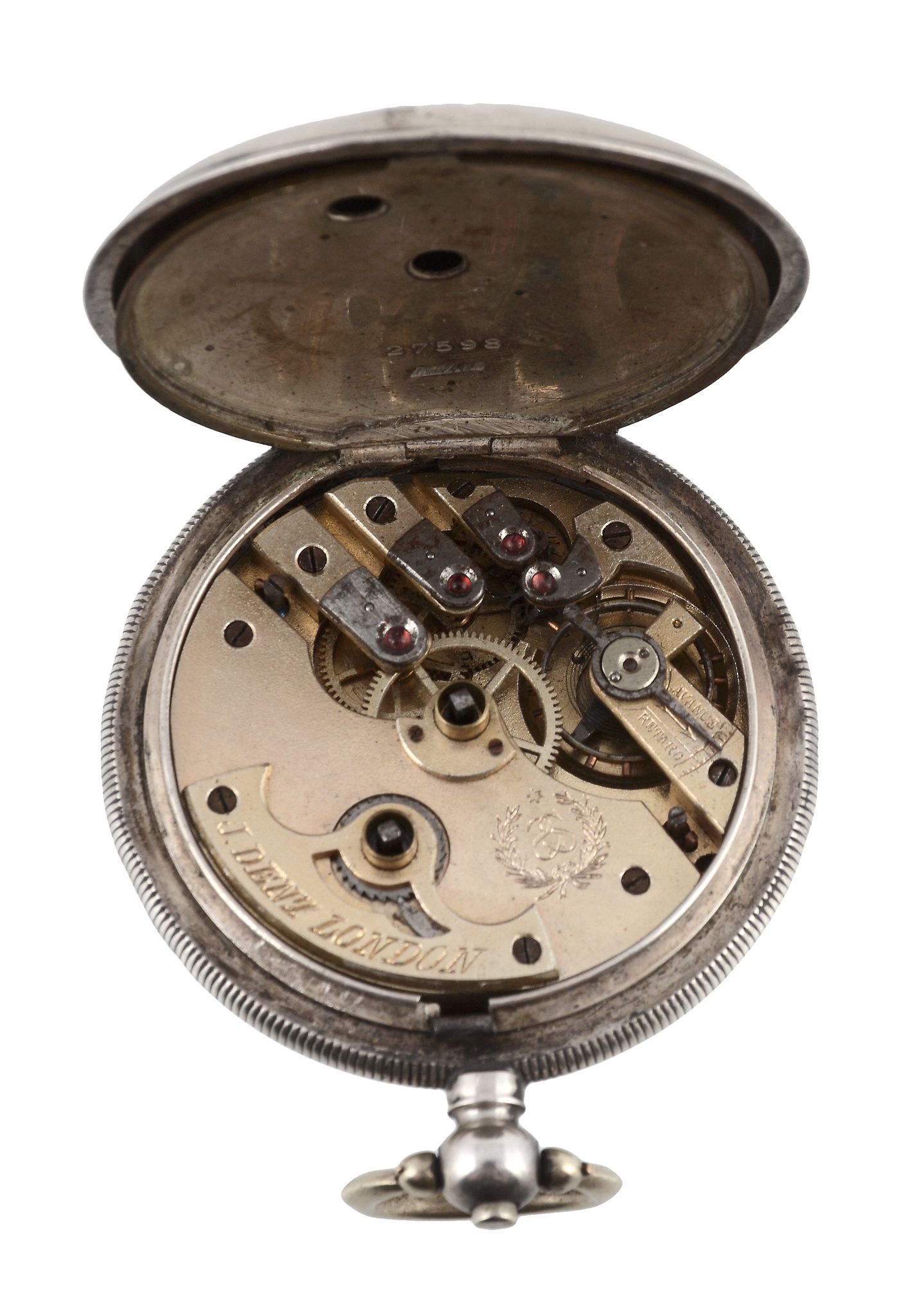 J. Dent, a silver coloured full hunter pocket watch, no. 27598, Swiss straight line club tooth - Image 2 of 2