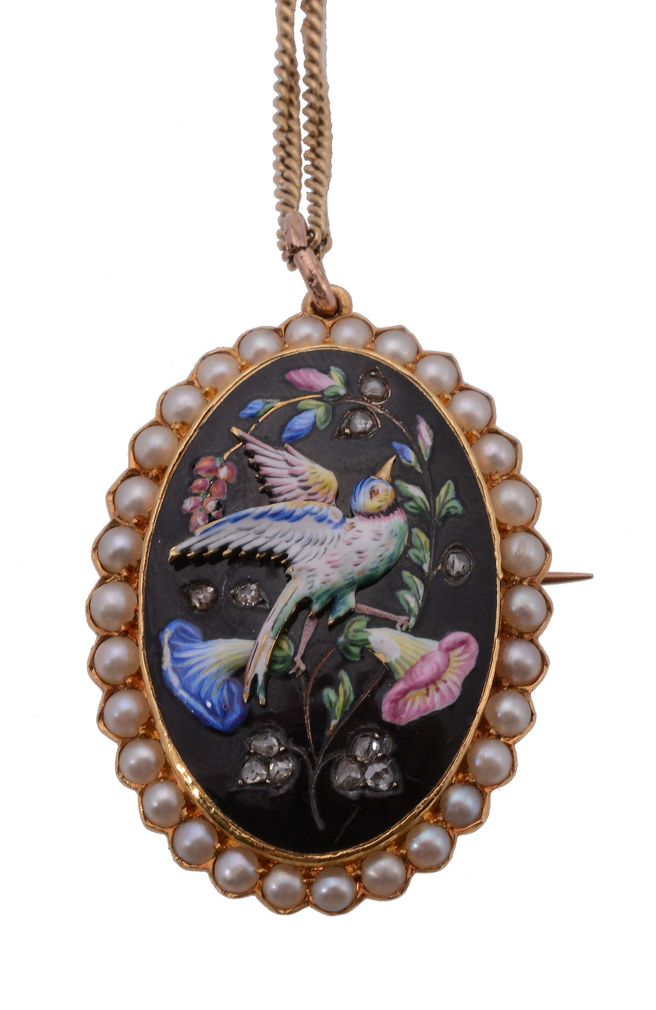 A Victorian enamel and half pearl bird pendant, the polychrome enamel bird upon an oval rose cut - Image 2 of 2