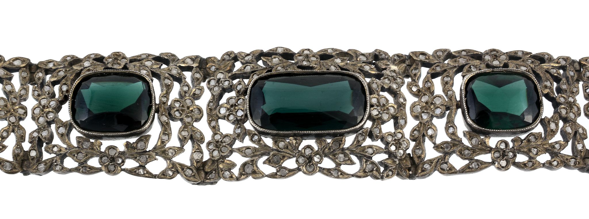 A green tourmaline and diamond bracelet, the graduated pierced floral panels set with lasque cut - Image 3 of 3