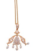 A white sapphire, opal and freshwater pearl pendant , the foliate pendant set throughout with round