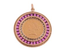 An American Five Dollar coin pendant, the coin within a surround of tapered step cut synthetic