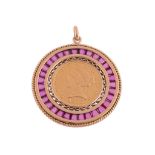 An American Five Dollar coin pendant, the coin within a surround of tapered step cut synthetic