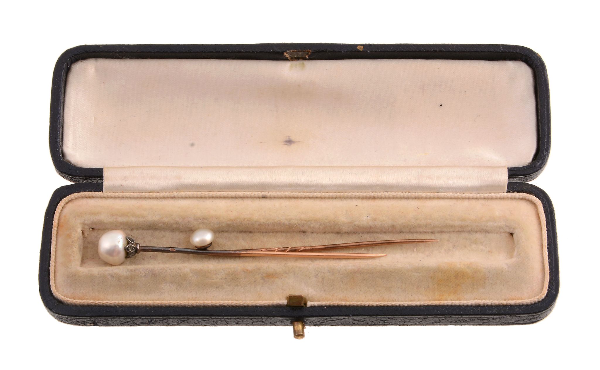 A French pearl stick pin, circa 1900, the pearl terminal with rose cut diamond base, French poincon