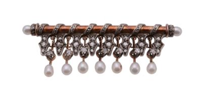 A pearl and diamond bar brooch, the bar suspending pearl drops with rose cut diamond accents, the