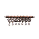 A pearl and diamond bar brooch, the bar suspending pearl drops with rose cut diamond accents, the