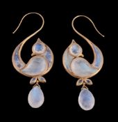 A pair of moonstone ear clips, designed as a stylised bird set throughout with vari cut moonstone,