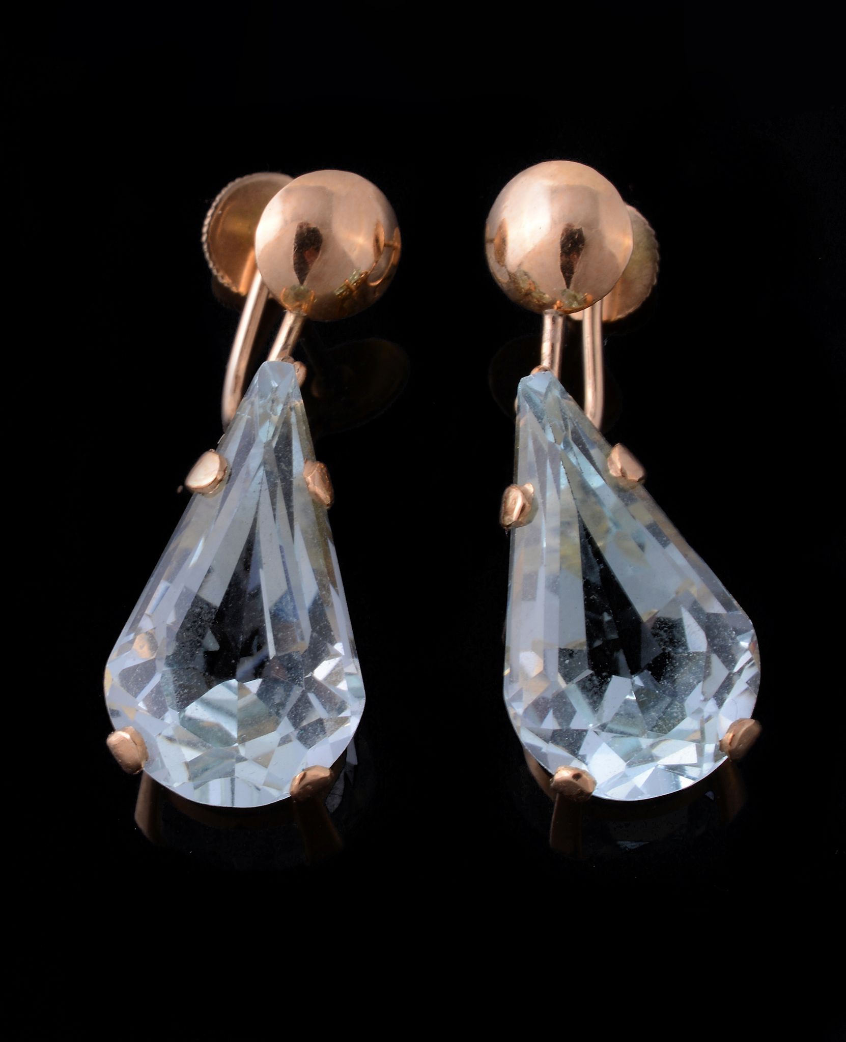 A pair of aquamarine ear pendants, the facetted pear shaped aquamarines in four claw settings, - Image 2 of 2