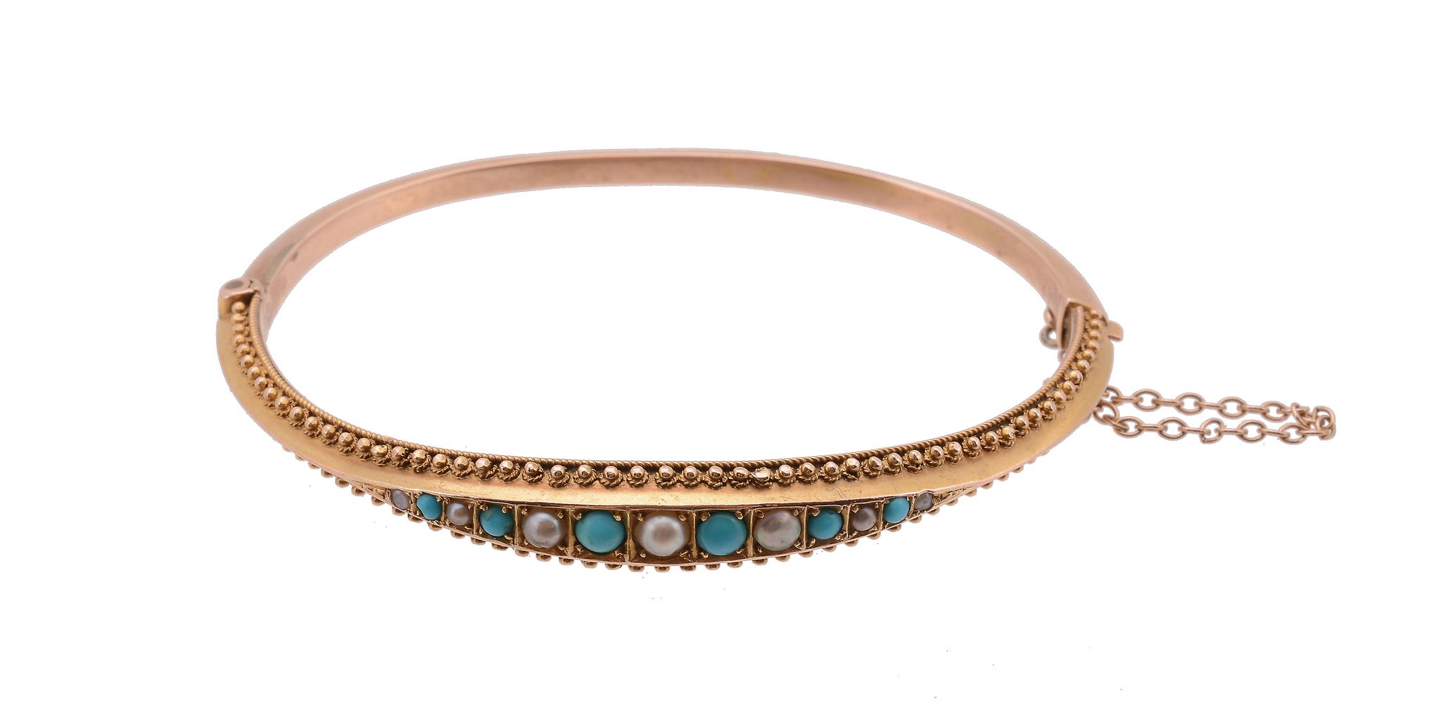 A Victorian turquoise and half pearl hinged bangle, circa 1880, the alternating half pearls and - Image 2 of 2