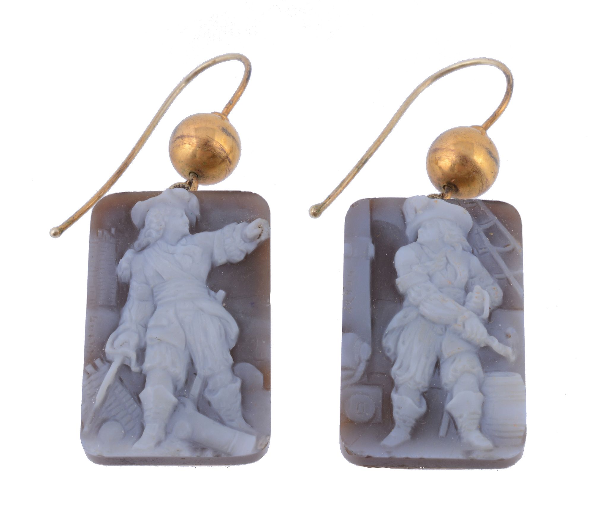 A pair of hardstone cameo ear pendants, the rectangular panel carved with the image of a cavalier,