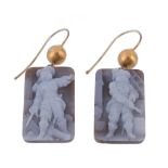 A pair of hardstone cameo ear pendants, the rectangular panel carved with the image of a cavalier,