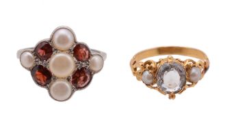 A bouton pearl and garnet dress ring, the lozenge shaped panel set with rows of bouton pearls and