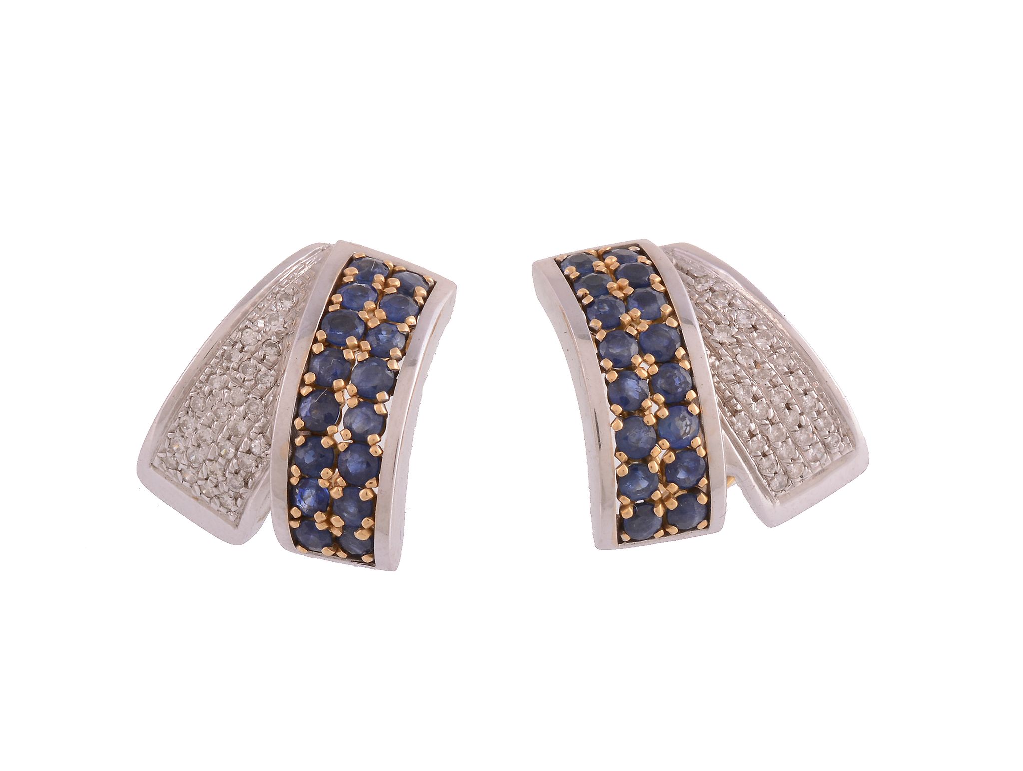 A pair of sapphire and diamond earrings, the overlapping panels set with brilliant cut diamonds and