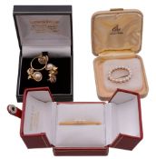 A small collection of cultured pearl jewellery , comprising a pair of 9 carat gold cultured pearl
