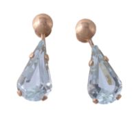 A pair of aquamarine ear pendants, the facetted pear shaped aquamarines in four claw settings,