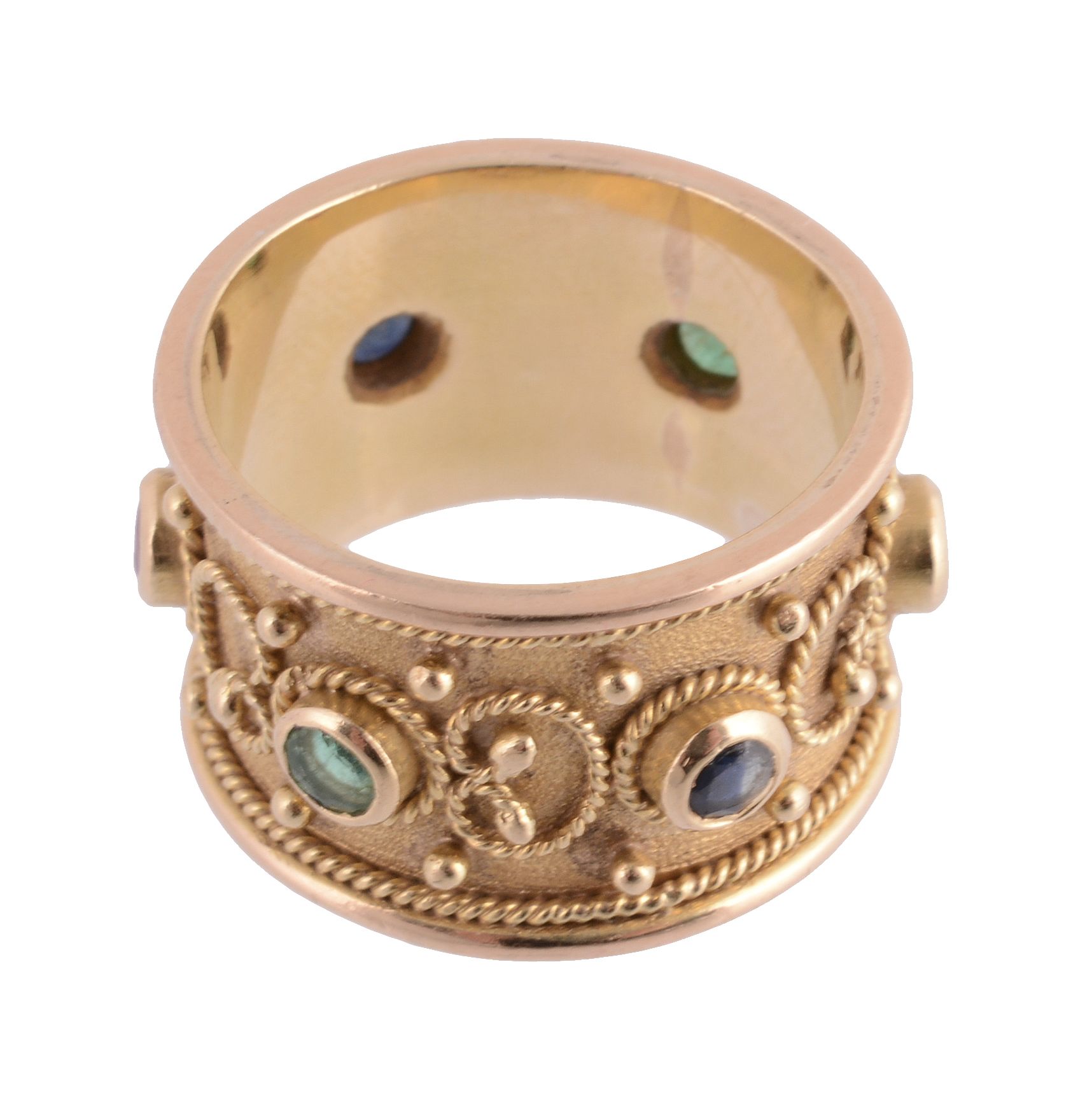A gem set ring, the band set with circular shaped rubies, emeralds and sapphires each collet set - Image 2 of 2